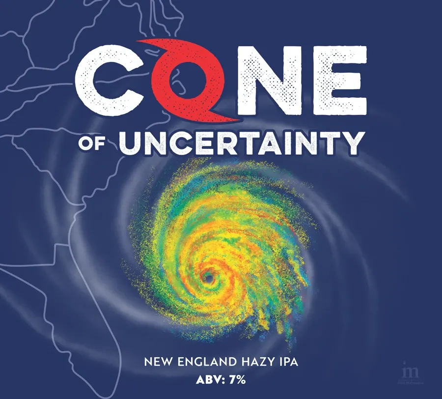 Cone of Uncertainty New England Hazy IPA craft beer label from Two Blokes Brewing Charleston featuring hurricane spiral storm system design with lightning bolts on dark blue background, 7% ABV, weather-themed NEIPA hazy IPA hurricane design
