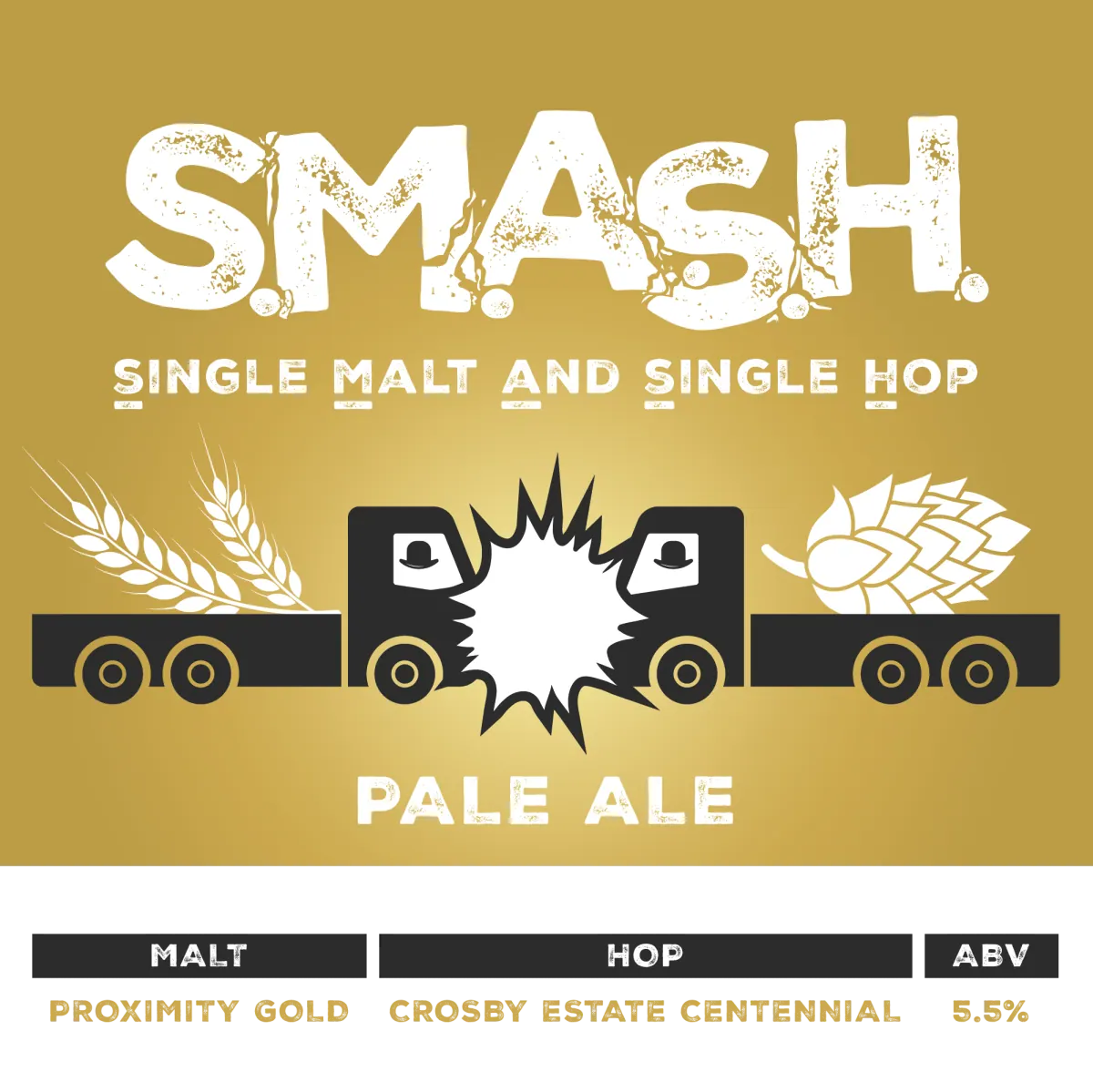 Two Blokes Brewing SMaSH Pale Ale sign features a minimalist design with a green Crosby Centennial hop badge, clean black typography on a white background, highlighting this 5.5% ABV single malt and single hop craft beer.
