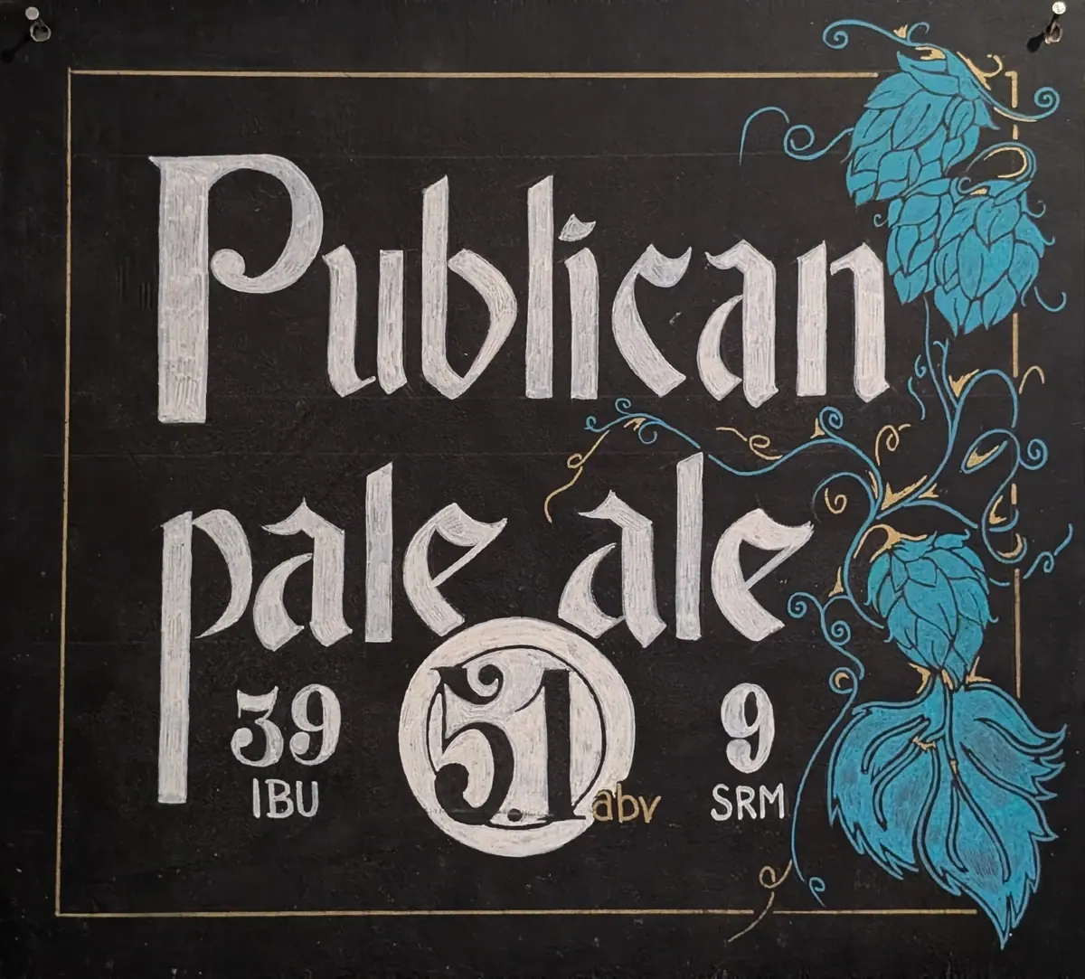 Publican Pale Ale craft beer label from Two Blokes Brewing Charleston featuring vintage chalkboard design with decorative white lettering and blue hop illustrations, 5.0% ABV 5.9 IBU 9 SRM, pale ale with hop artwork on black background